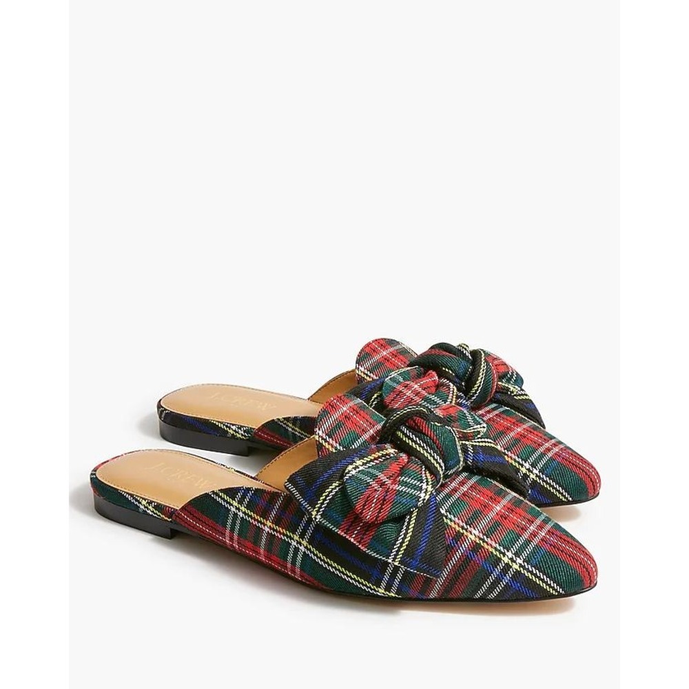 J Crew Tartan Plaid Bow Mules Flats Shoes Womens Size 7.5‎ Pointed Toe. NEW